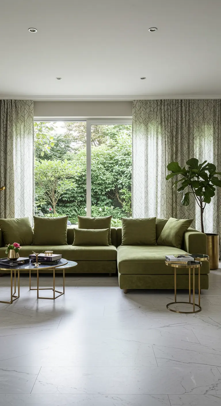 Lichte woonkamer met olijfgroene fluwelen bank, grote ramen en messing accenten.