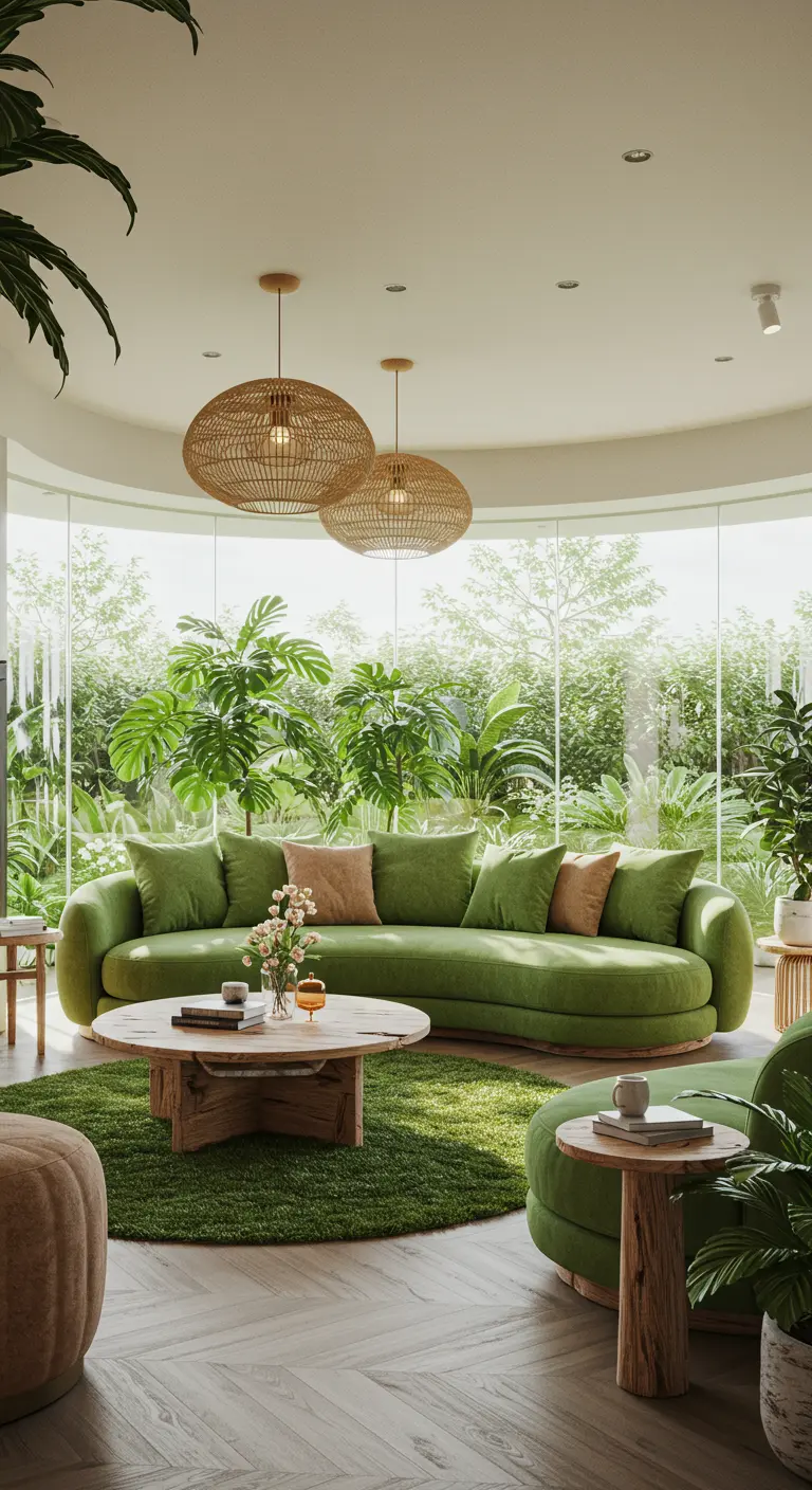 Groene woonkamer met gebogen bank, veel planten en rieten hanglampen.