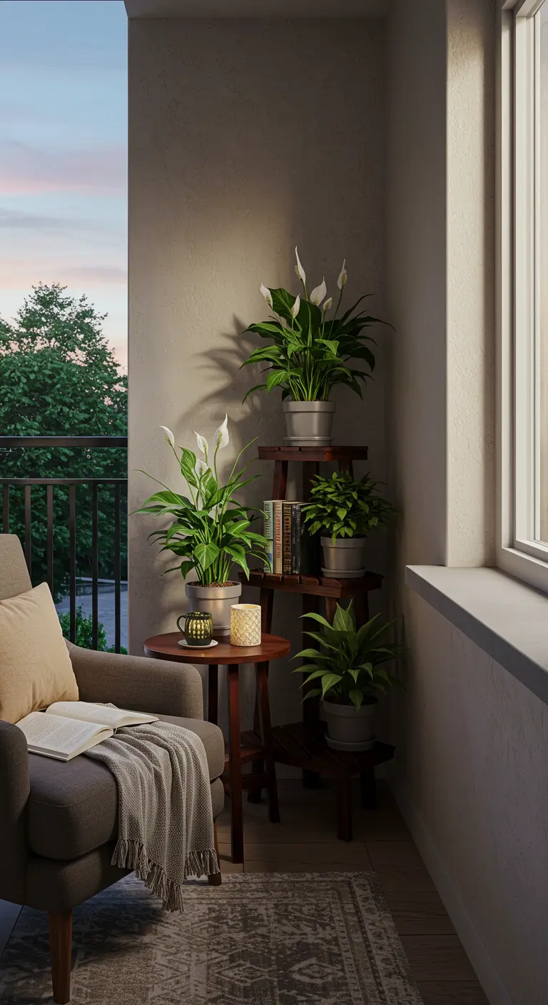 Donkerhouten etagère met planten en boeken naast fauteuil op balkon.