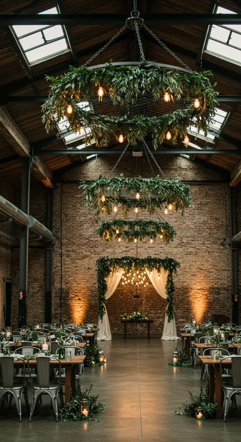 Industriële trouwlocatie met hangende groene kransen met lampjes boven tafels.