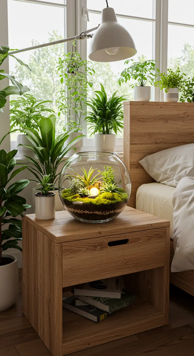 Glazen bol terrarium met plantjes en een klein lampje erin, op een houten nachtkastje vol planten.