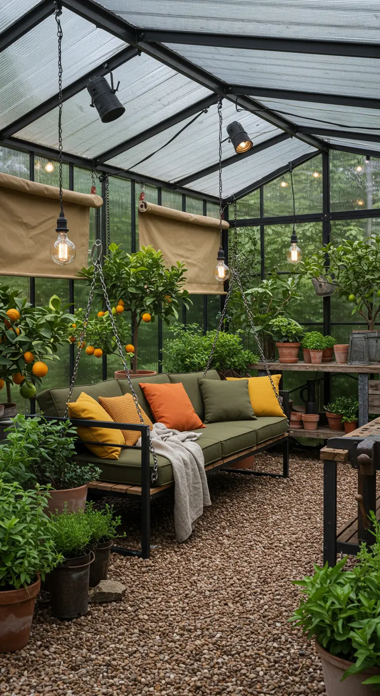 Schommelbank met groene kussens en oranje accenten in een glazen orangerie, omringd door citrusboompjes en andere planten, met industriële hanglampen.