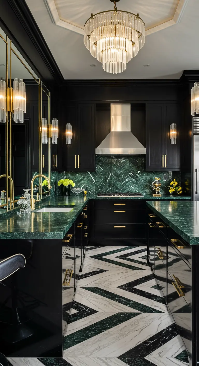Luxe keuken met zwart, diepgroen marmer, goud en geometrische marmeren vloer.