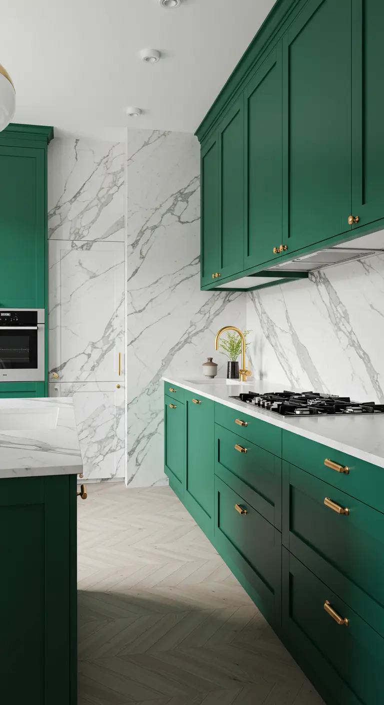 Moderne keuken met bosgroene kasten en een volledige marmeren achterwand.