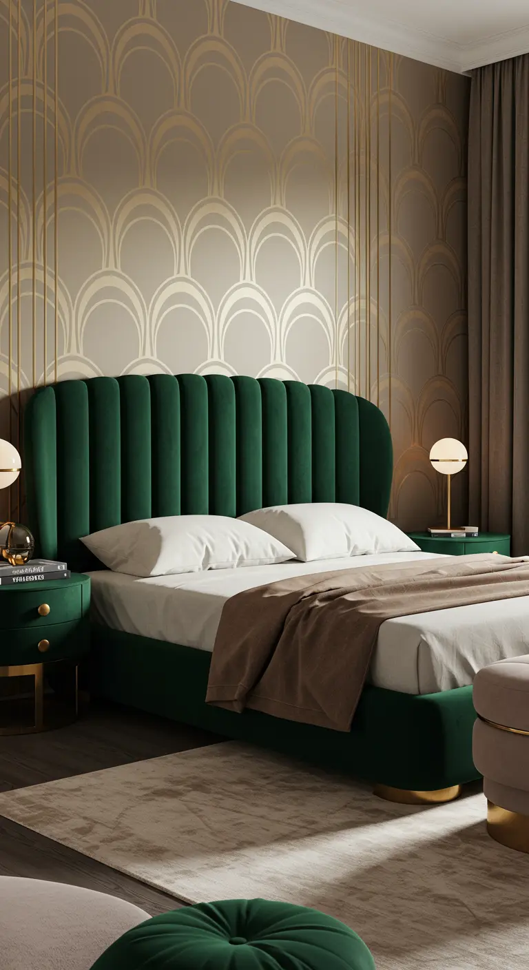 Art deco slaapkamer met groen fluwelen bed en behang met gouden boogpatronen.