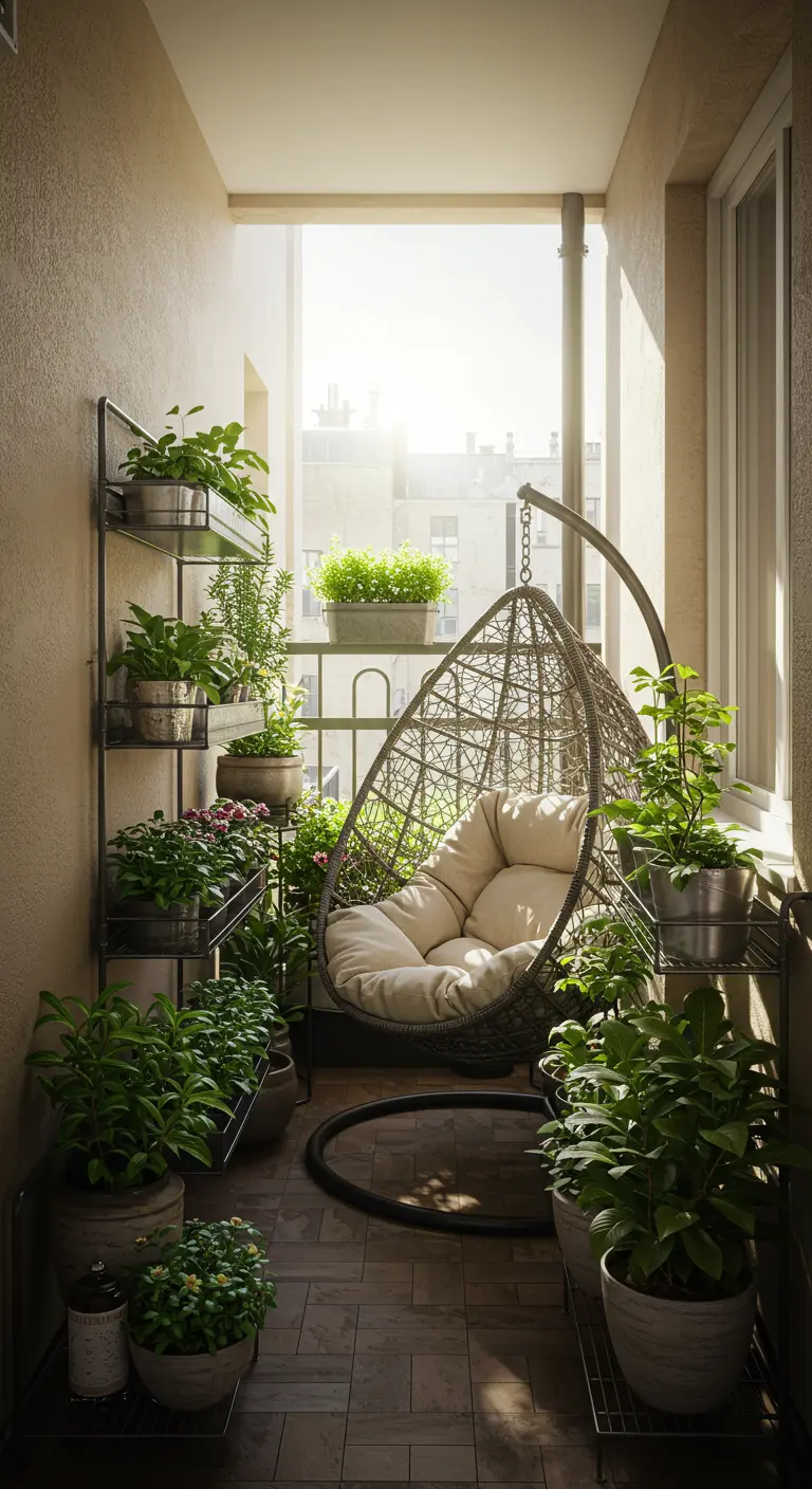 Eivormige hangstoel op smal balkon, omringd door plantenrekken met diverse groene planten.