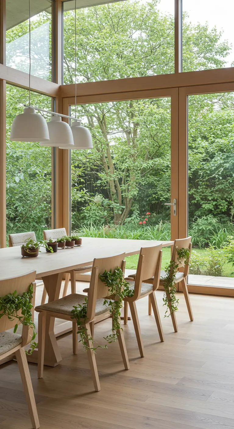 Lichte eetkamer met houten stoelen versierd met hangplanten en grote ramen.