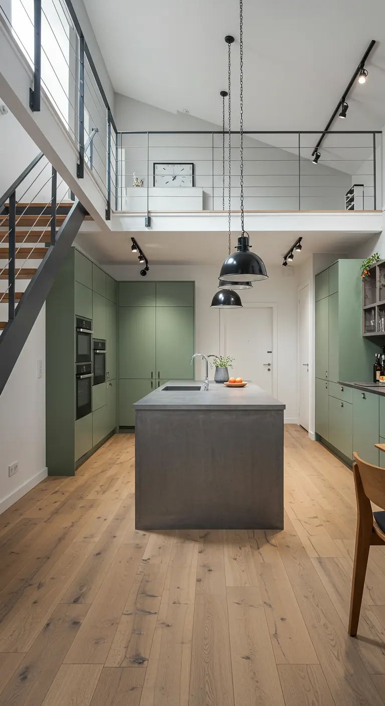 Moderne open keuken met saliegroene kasten, betonnen eiland en vide met zwarte details.