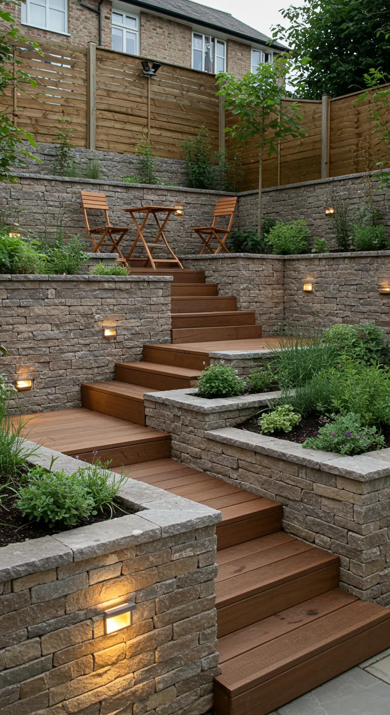 Tuin met getrapte stenen muren, houten trappen en vlonders, en weelderige beplanting.