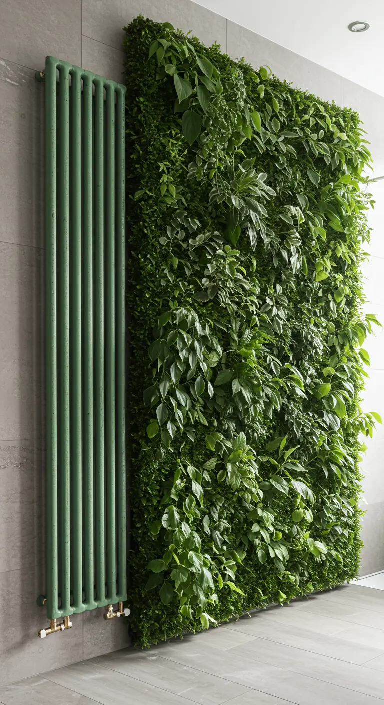 Mosgroene verticale radiator naast een zeer grote, weelderige groene plantenwand in een moderne badkamer.