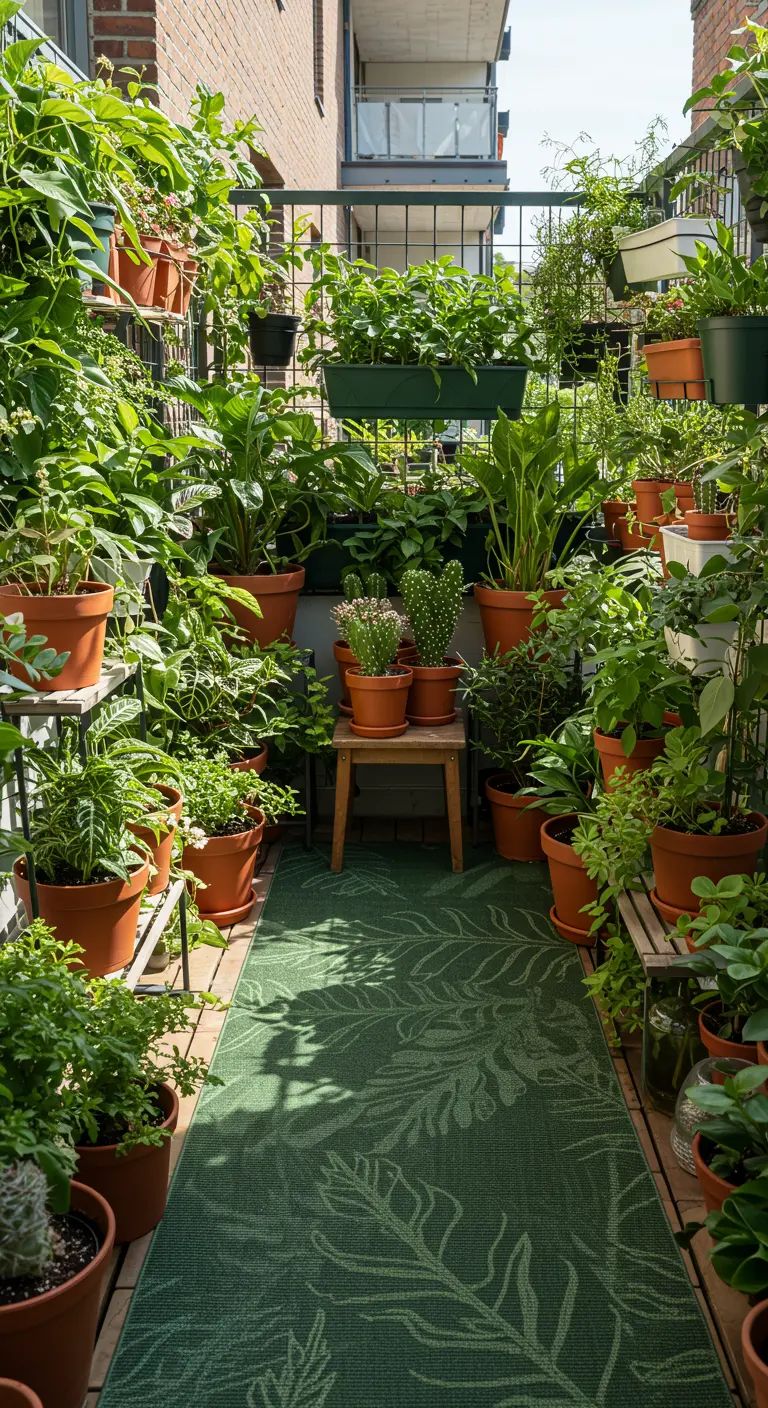 Balkon vol planten met een groen buitenkleed met bladmotief.