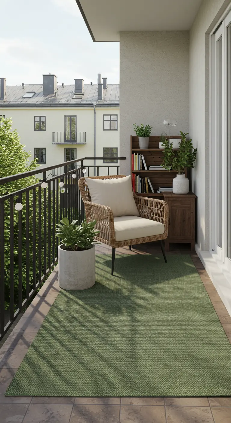 Smal balkon met rotan stoel, een effen groen buitenkleed en diverse potplanten.