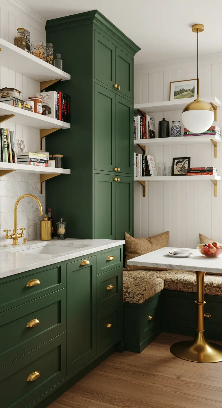 Groene keuken met ingebouwd eetbankje, gouden handgrepen, gouden kraan en gouden tafelpoot.