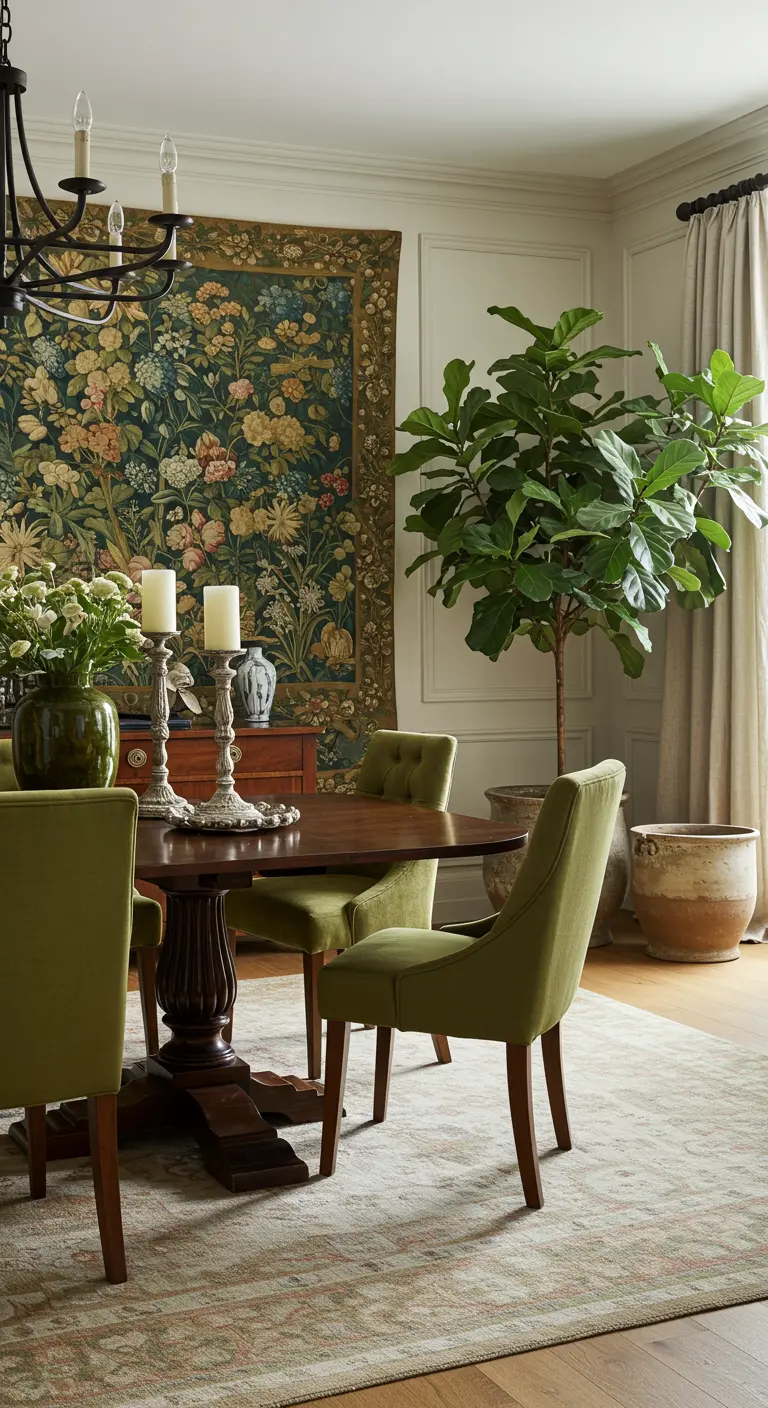 Eetkamer met bakstenen muur, hangplanten, diverse botanische prints, houten tafel en metalen stoelen.