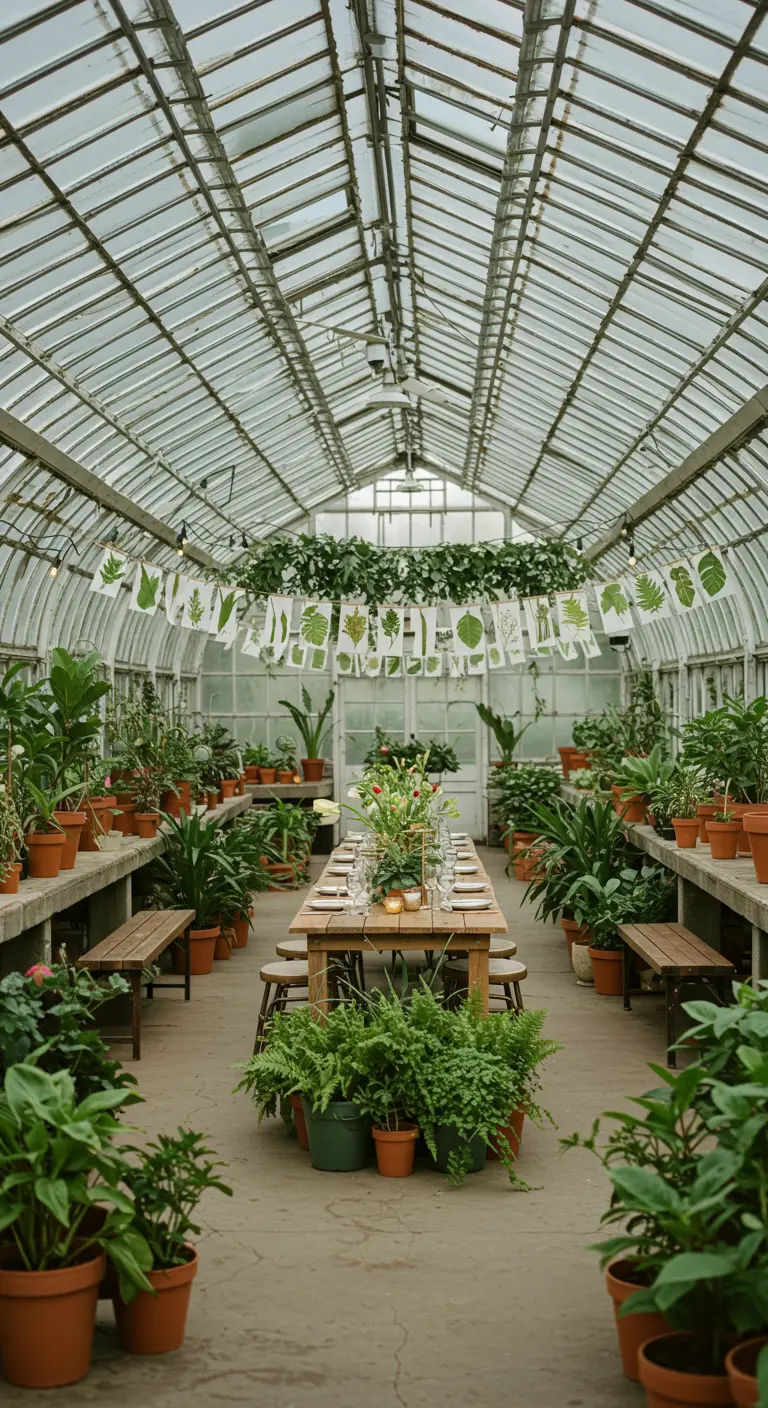 Kas met lange houten tafel en slingers van botanische bladvlaggen erboven.