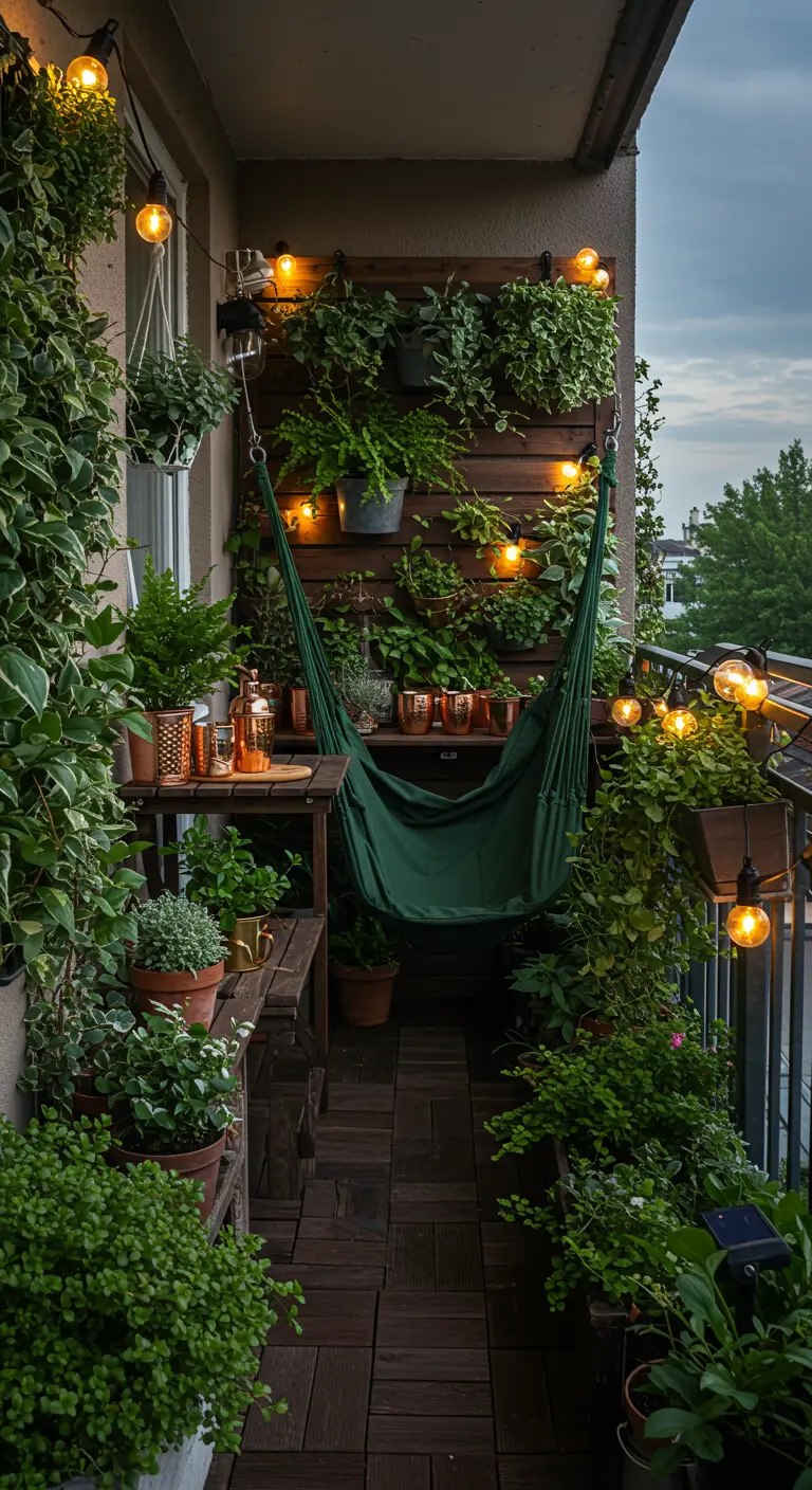 Klein balkon vol planten met een groene hangmat-schommel en sfeerlichtjes.