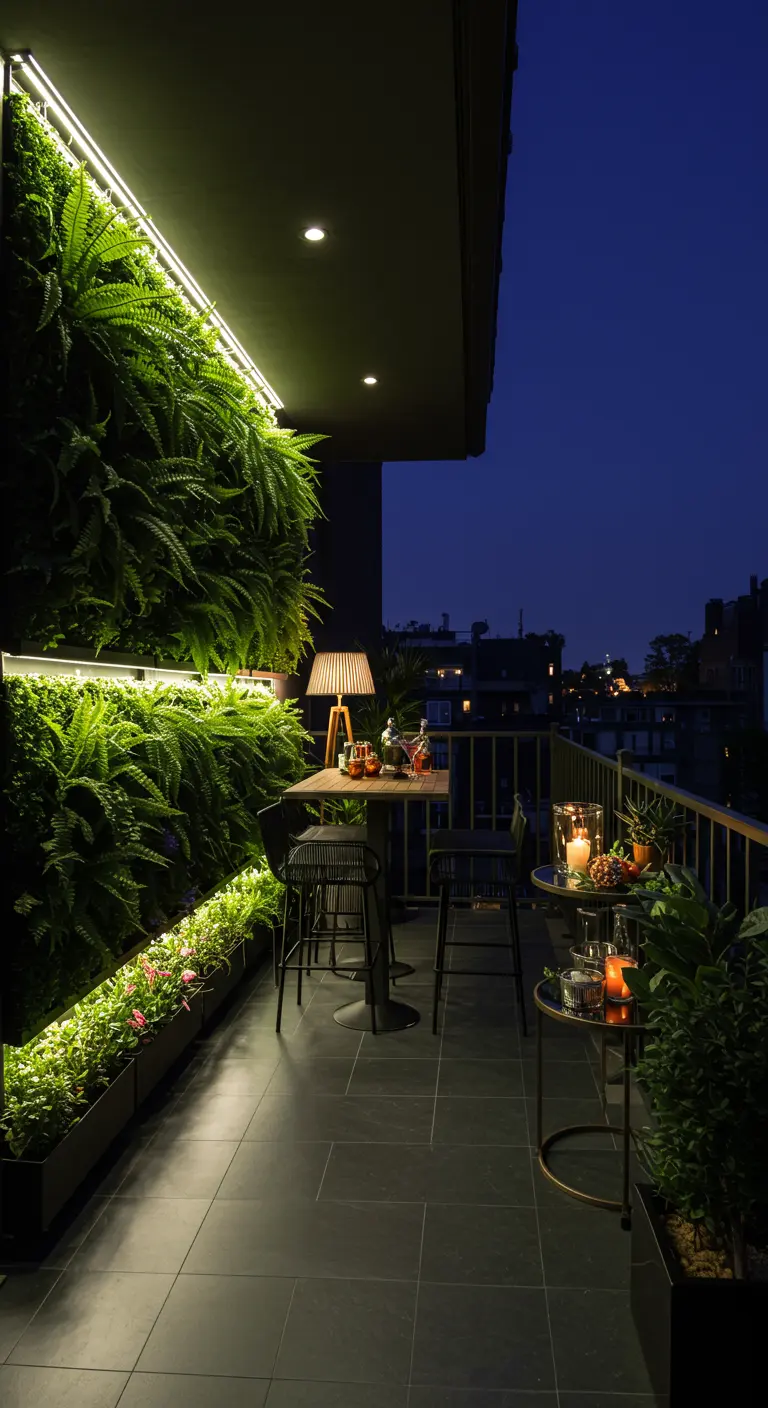 Modern balkon bij avond met een verlichte plantenwand, hoge bartafel en barkrukken met stadslichten in de verte.