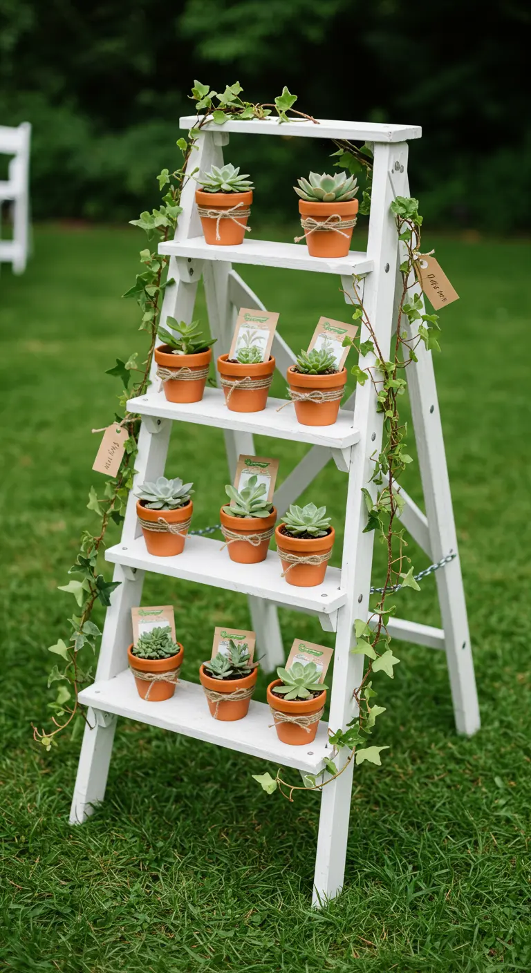 Wit laddertje met vetplantjes in terracotta potjes als bedankjes voor gasten.