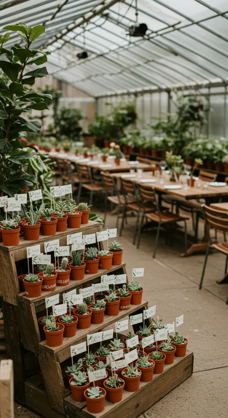 Kleine vetplantjes in potjes als bedankjes, gepresenteerd op een houten etagère.