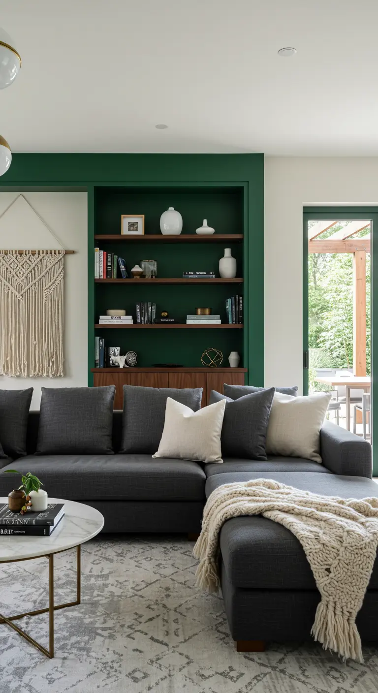 Woonkamer met donkergroene ingebouwde boekenkast en grijze loungebank.