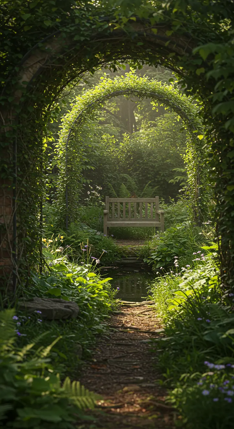 Groene, met planten overgroeide boog die leidt naar een beekje en een bankje.