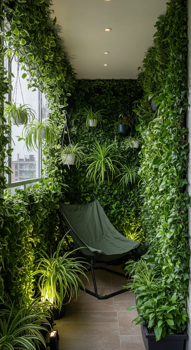 Smal balkon omgetoverd tot een groene oase met veel planten en een relaxstoel.