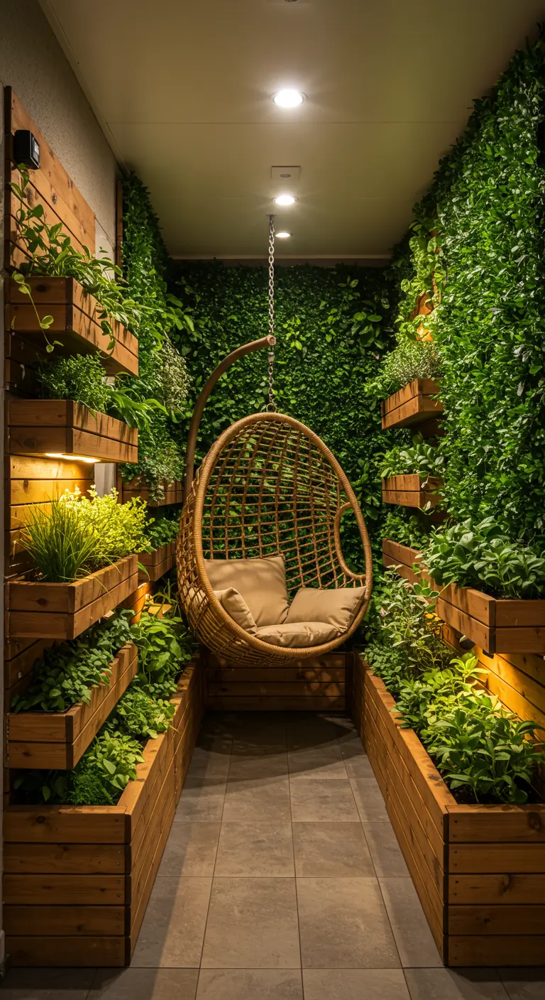 Knus balkon met rotan hangstoel omringd door houten plantenbakken en groene wanden.