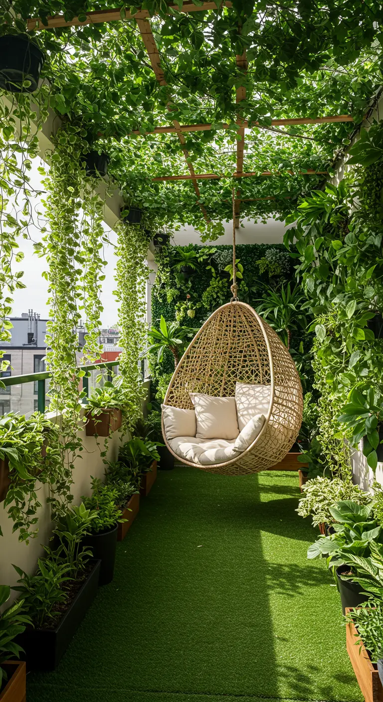 Balkon vol weelderige groene planten en klimmers, met een natuurlijke rieten hangstoel en kunstgras.