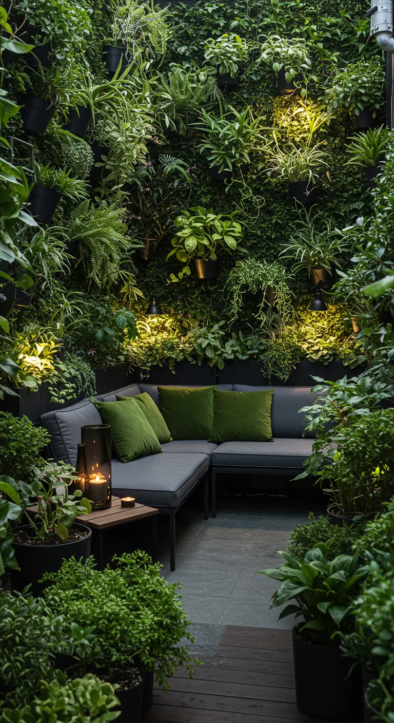 Loungeset in een groene nis met verticale tuin en sfeervolle kaarsverlichting.