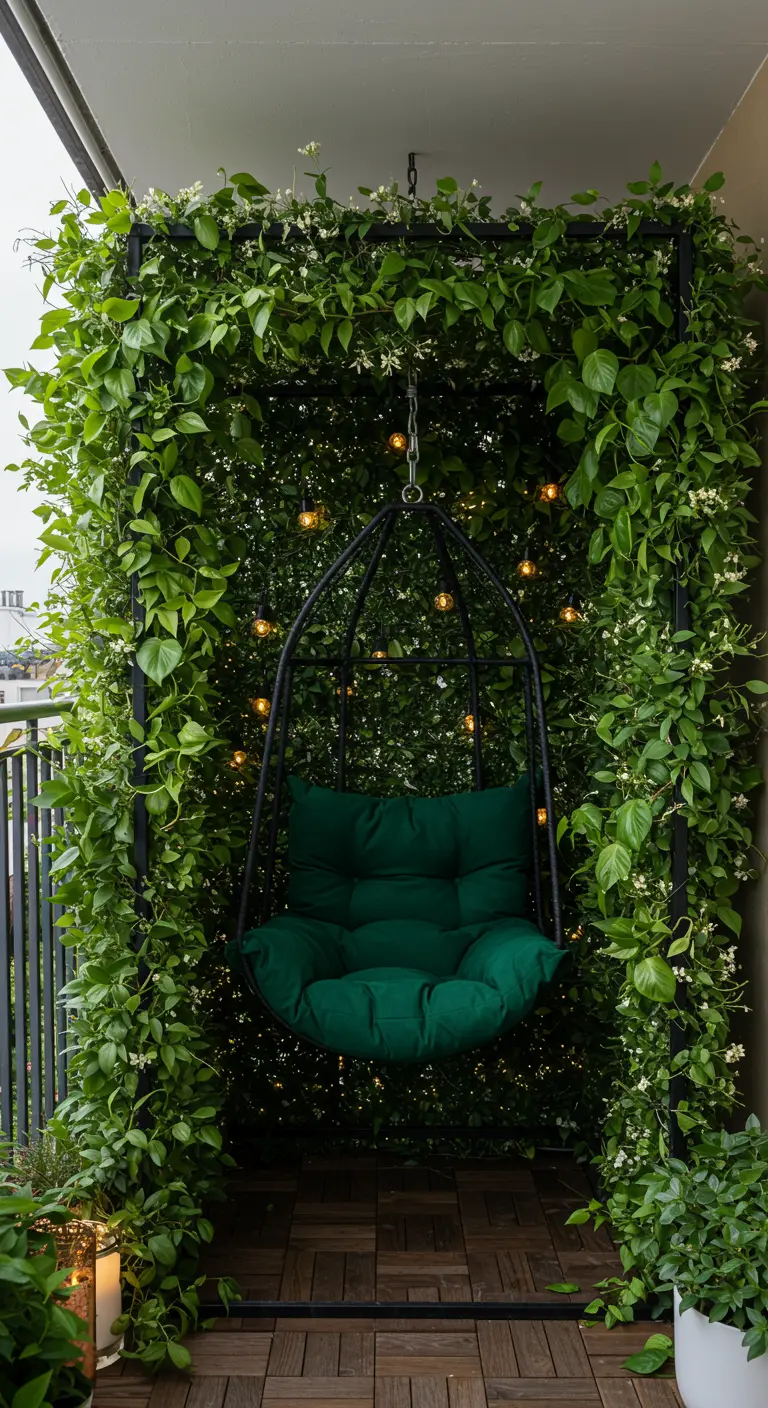 Zwarte hangstoel in metalen frame overgroeid met klimplanten en kleine lichtjes op een balkon.