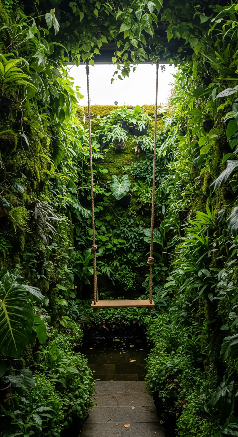 Houten schommel aan het einde van een smalle, diepgroene corridor met plantenwanden.
