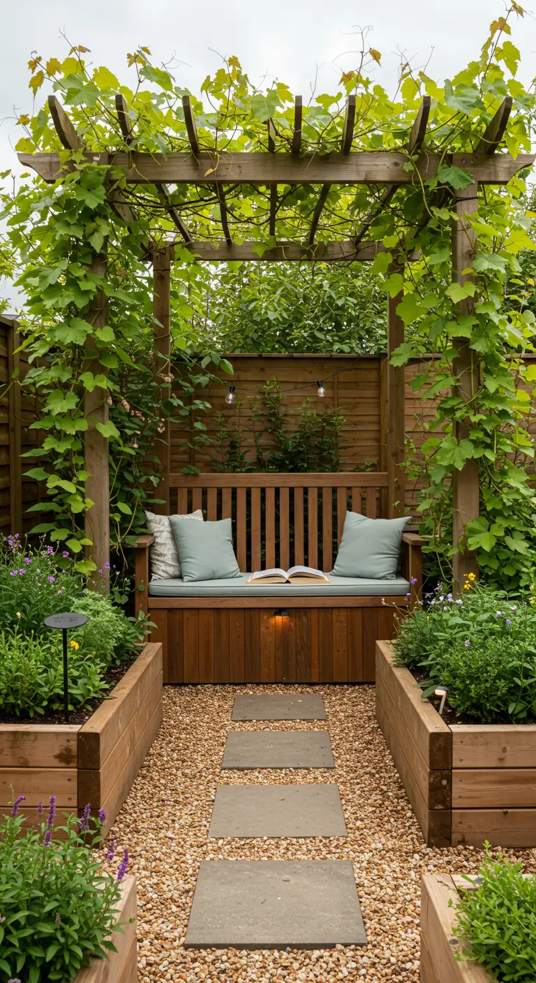 Houten pergola overwoekerd met druivenranken, houten bank met mintgroene kussens en verhoogde plantenbakken.