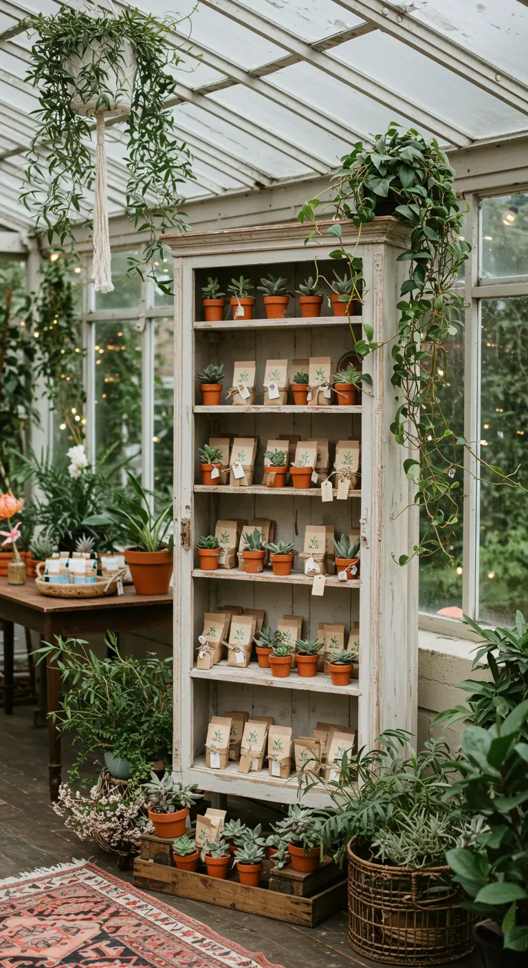 Witte open vintage kast gevuld met kleine vetplantjes als gastenbedankjes in een kas.