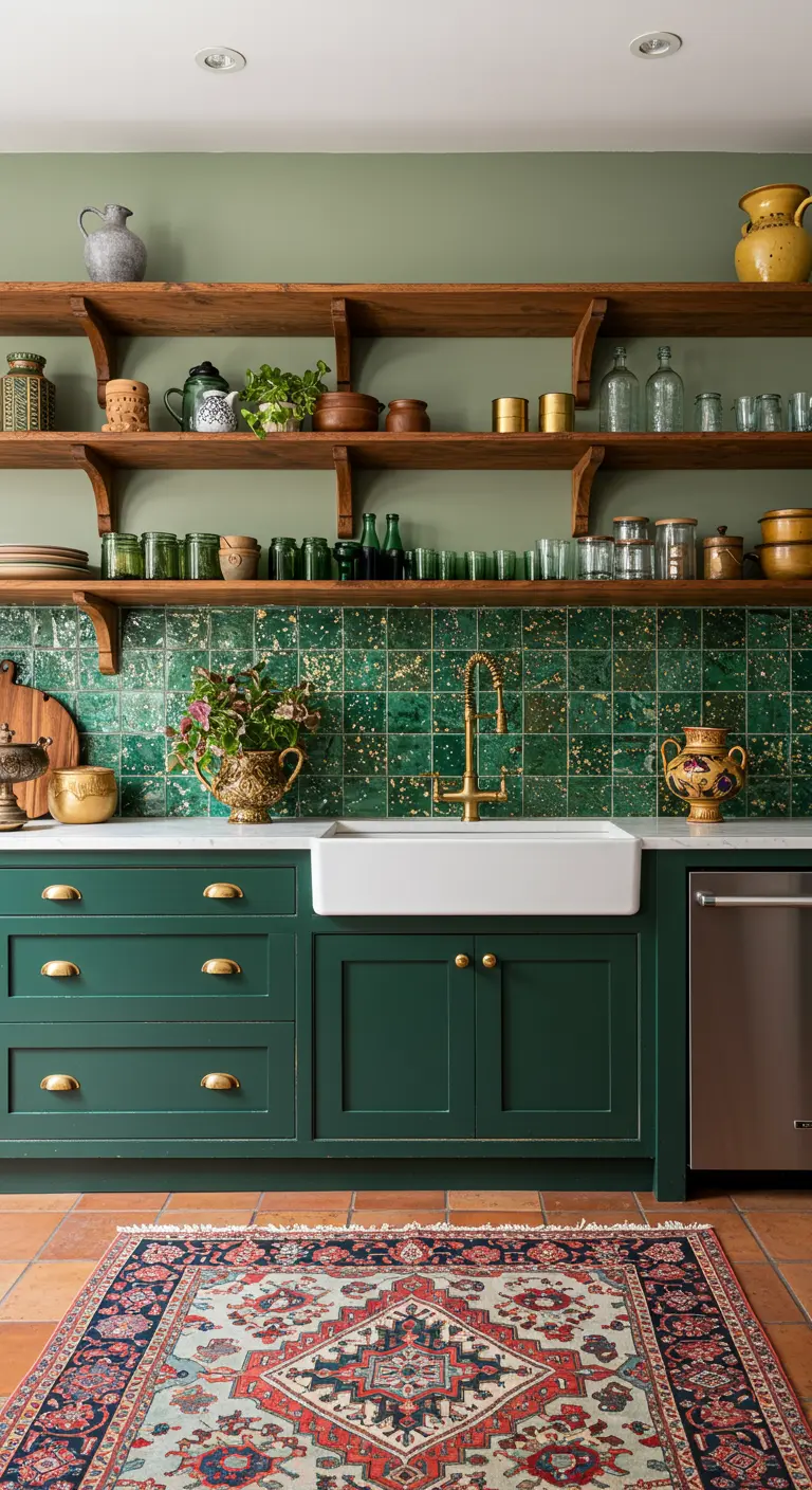 Donkergroene keuken met open houten planken, groene tegels, gouden kraan en gouden handgrepen.