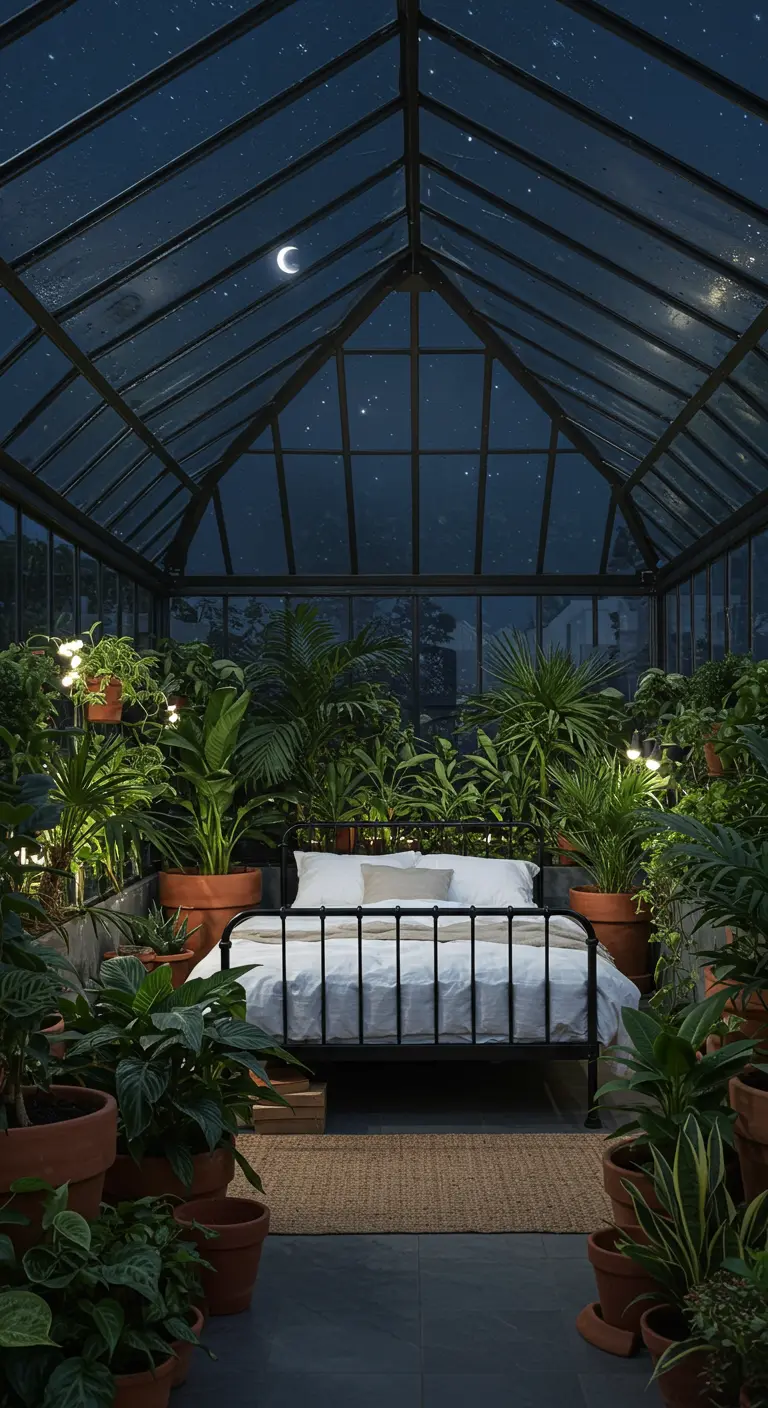 Slaapkamer in kas-stijl met een bed omringd door vele planten en een glazen dak.