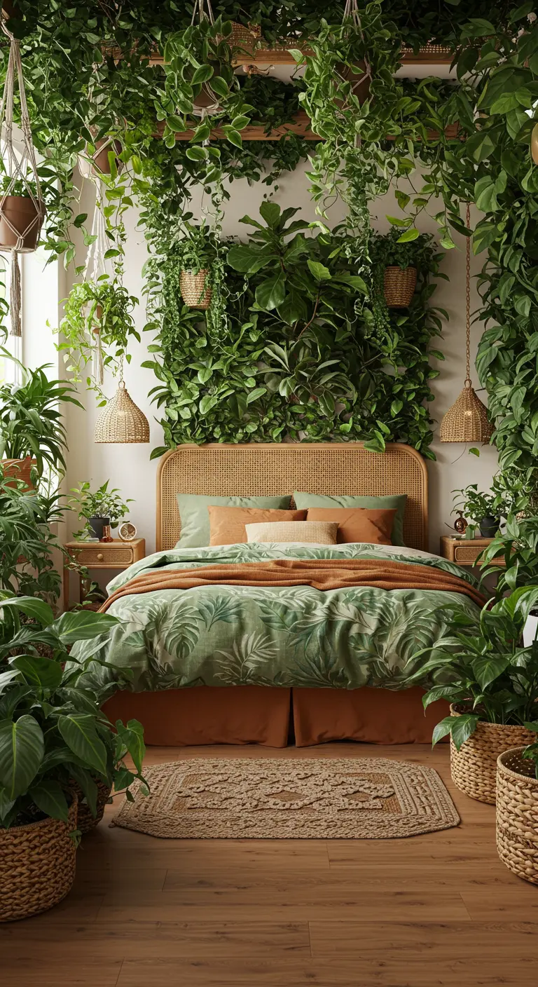 Bed met rotan hoofdbord, omringd door een overvloed aan groene planten in een urban jungle stijl.