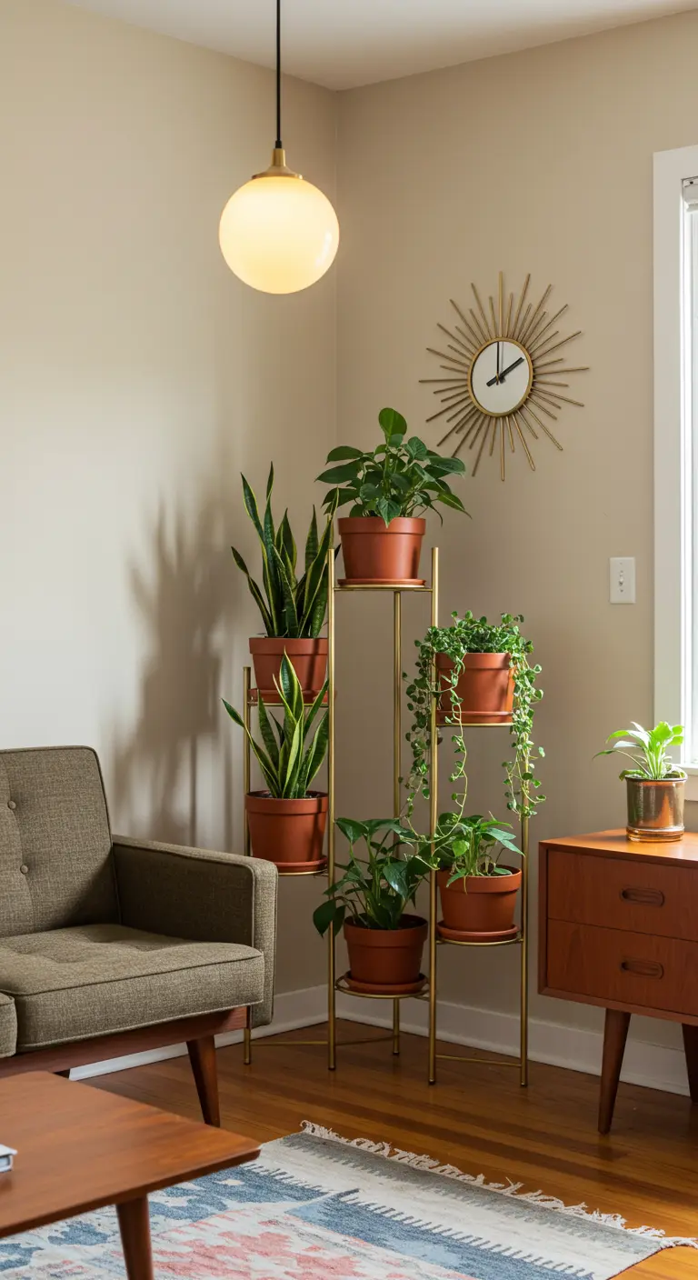 Mid-century modern plantenstandaard met meerdere niveaus vol groene planten in terracotta potten.