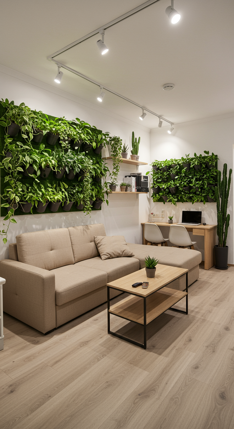 Moderne woonkamer met werkplek en grote verticale plantenwanden.