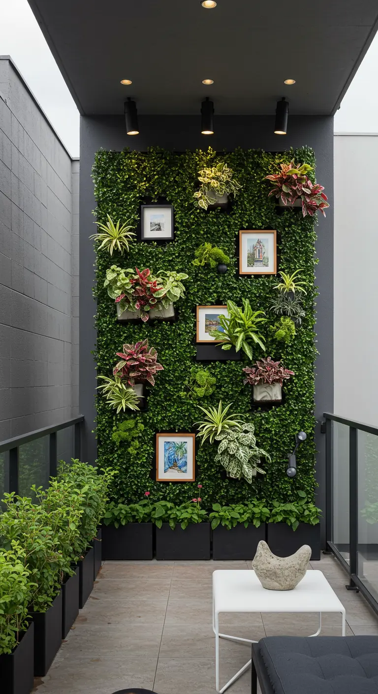Strak balkon met een hoge groene muur, onderbroken door ingelijste kunstwerken en verlicht met spots.