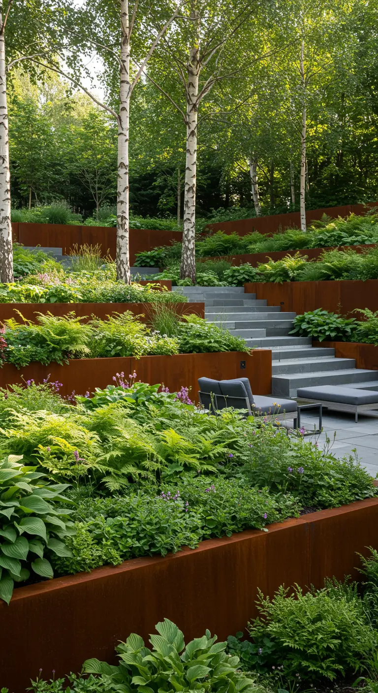 Grote tuin met cortenstalen terrassen vol varens en berkenbomen, met een zithoek.