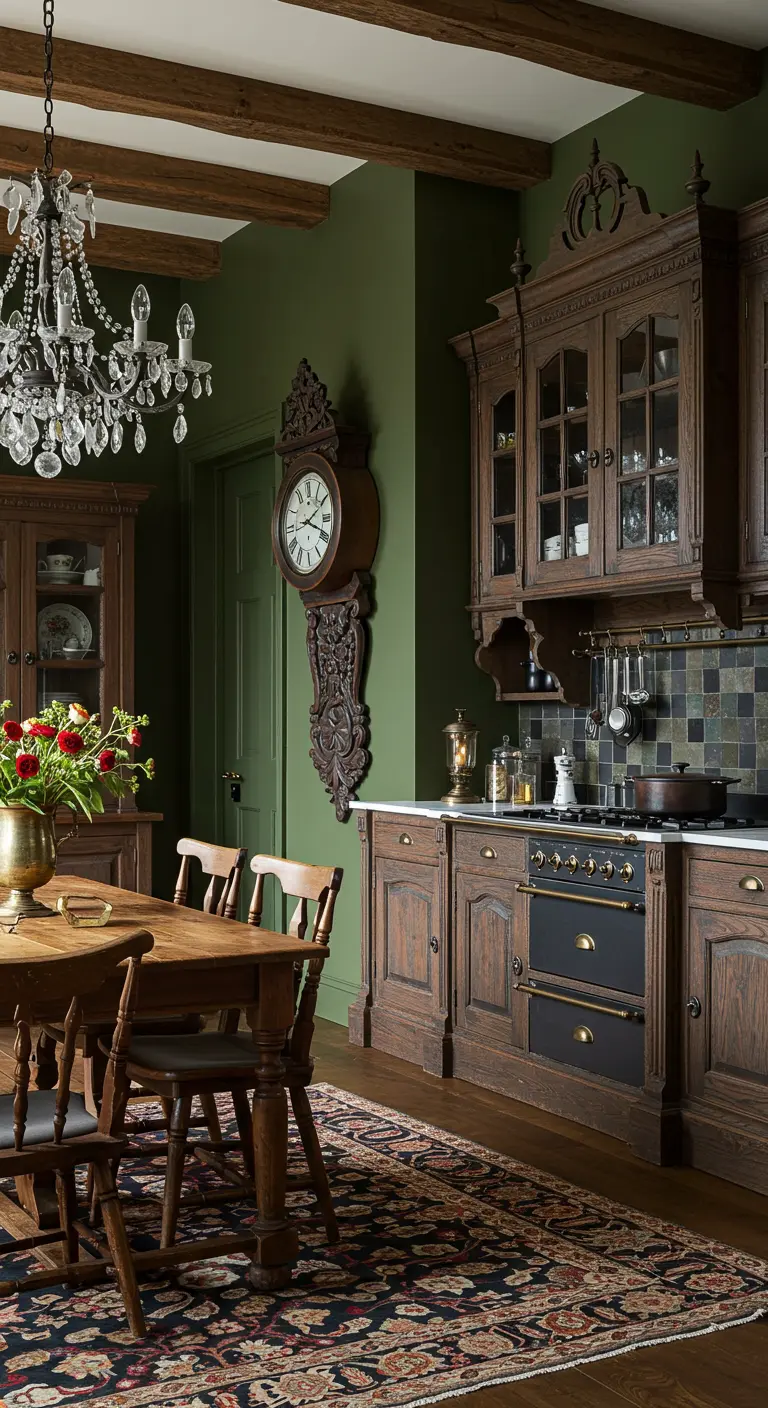 Groene en donkerhouten rustieke keuken met grote houten eettafel, sierlijke kroonluchter en antieke wandklok.