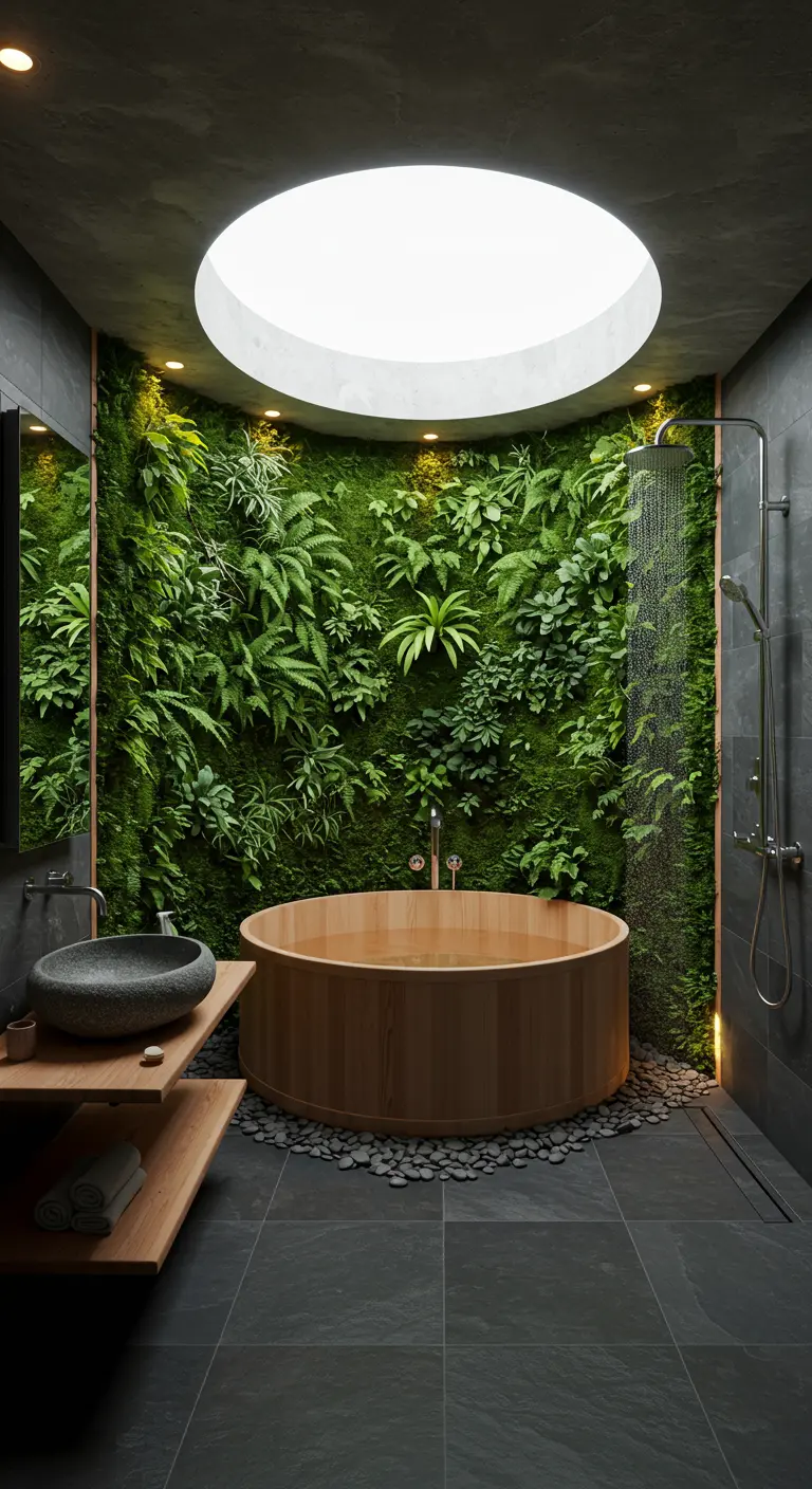 Badkamer met een weelderige verticale plantenwand, rond houten bad en een grote ronde lichtkoepel.