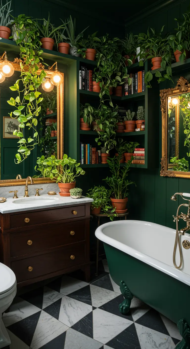 Diepgroene badkamer met vele planten op planken, spiegels en vintage meubels