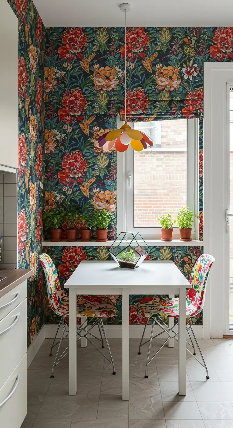 Tuinkamer met glazen dak vol planten, houten tafel, rotan stoelen, lichtslingers en een grote botanische print.