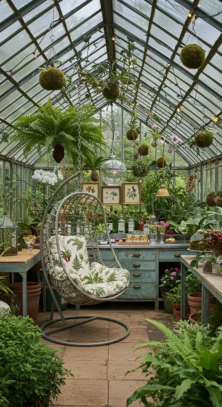 Botanische kas met vintage werkbank als bar en metalen ei-hangstoel vol planten.