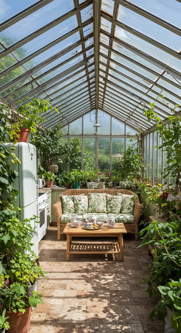Theehoekje in een glazen kas met rotan bank en overal groene planten.