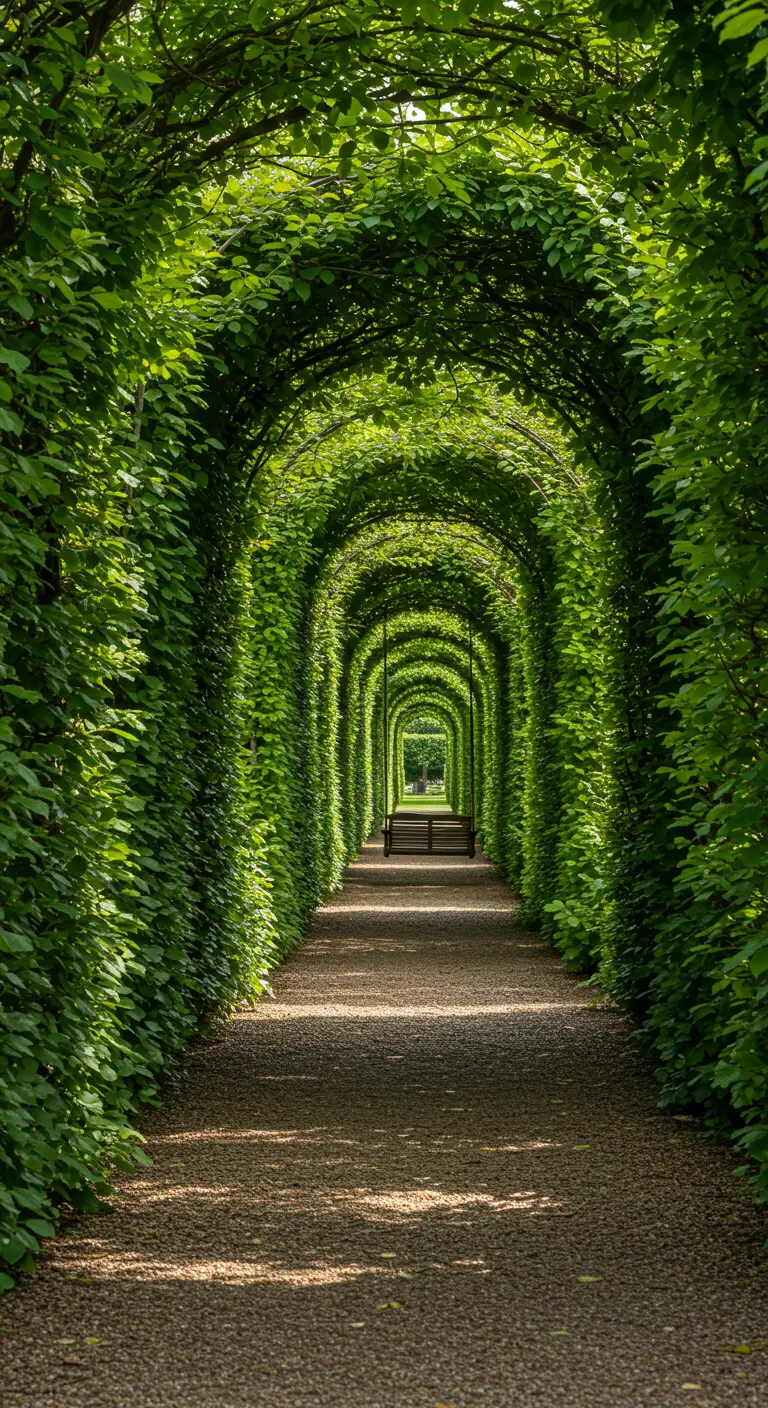 Lange, groene tunnel van gesnoeide bogen met een schommelbank aan het einde.