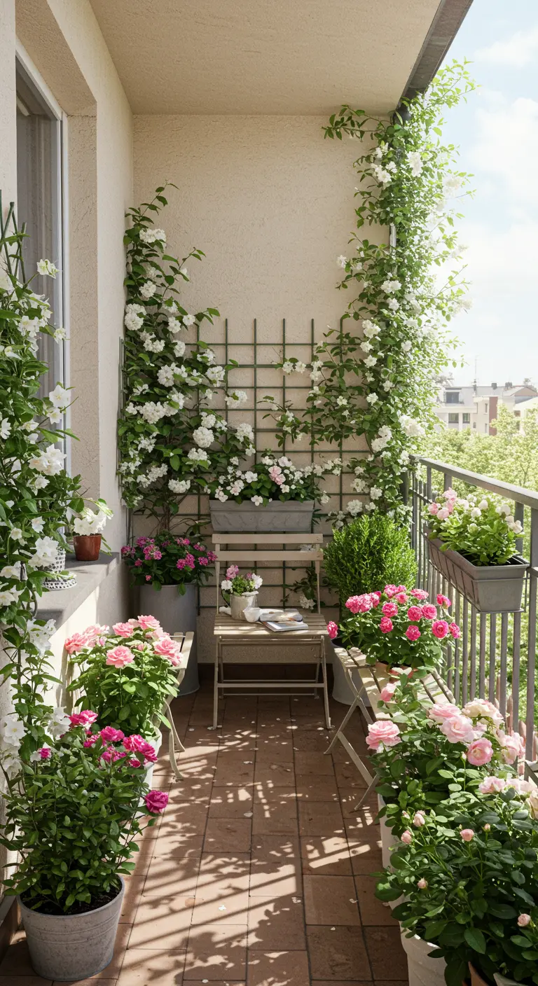 Balkon met bloeiende klimplanten tegen trellisschermen en veel rozen.