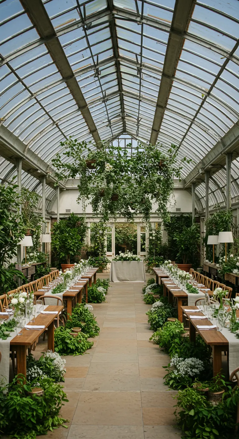Glazen kas met hangende groene klimplanten en lange houten tafels.