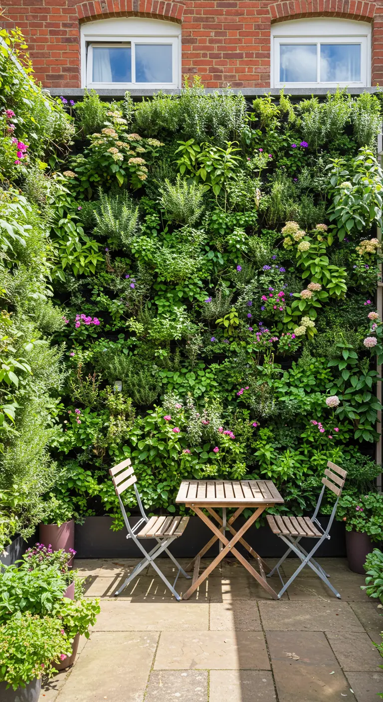 Weelderige verticale tuinmuur vol diverse planten achter een klein zitje.